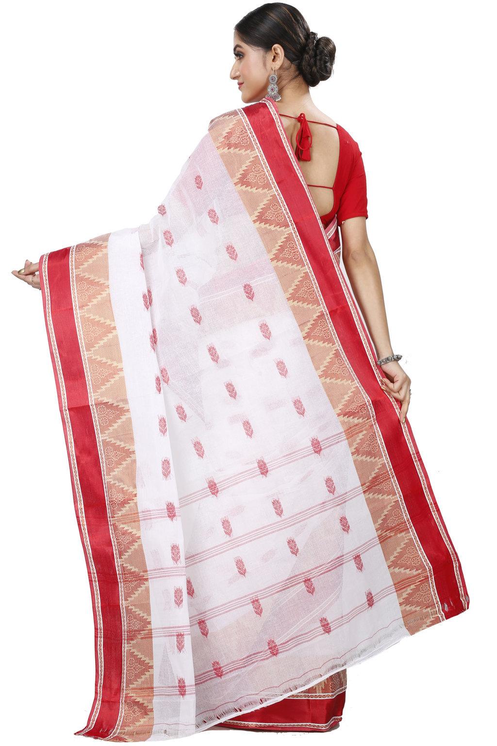 White Red Pure Cotton Sadasob Tant Saree (1028)